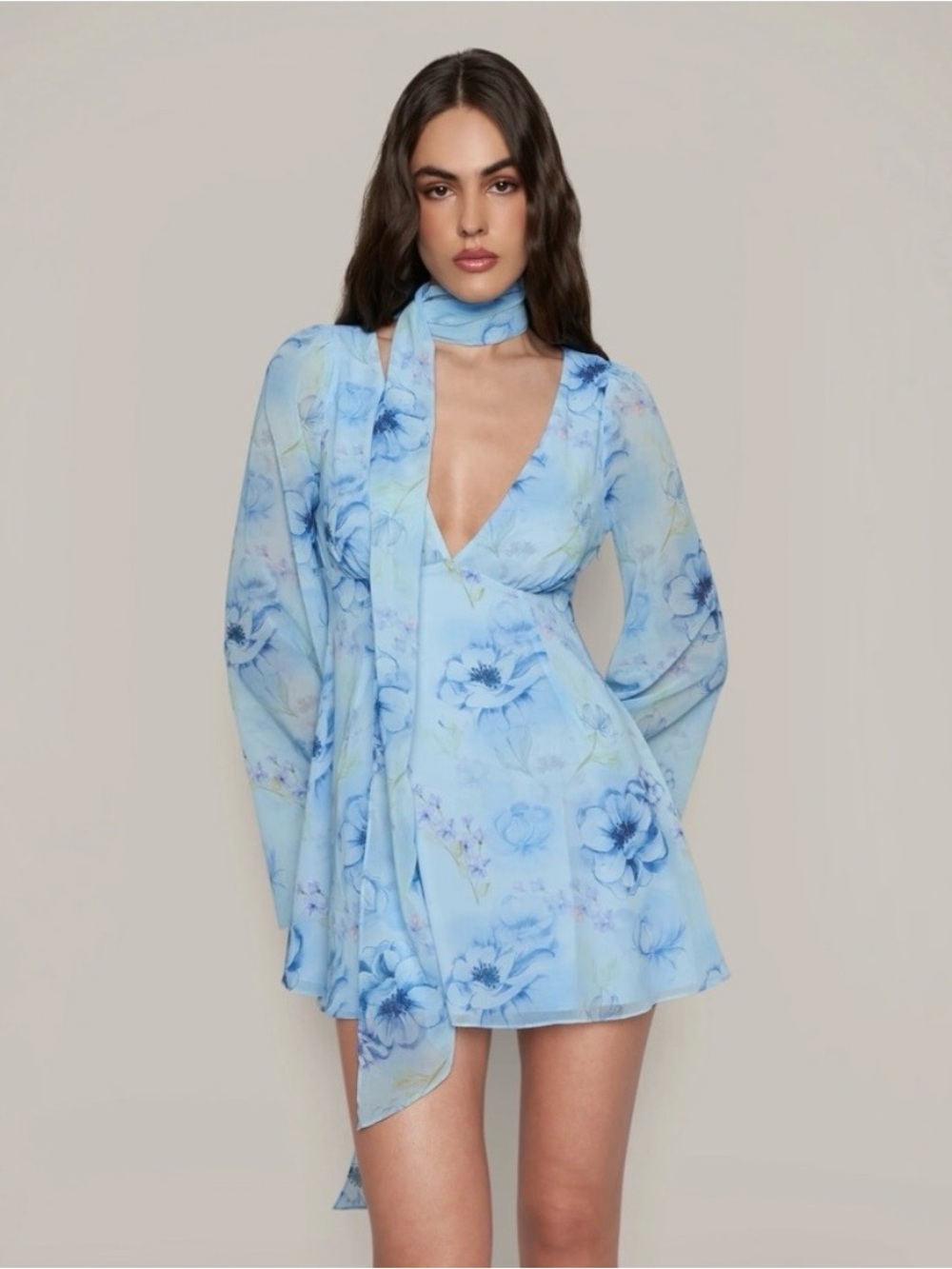 Guizio Issy Mini Wrap Around Dress in Angel Blue Ambrosia Neck Scarf Size Small